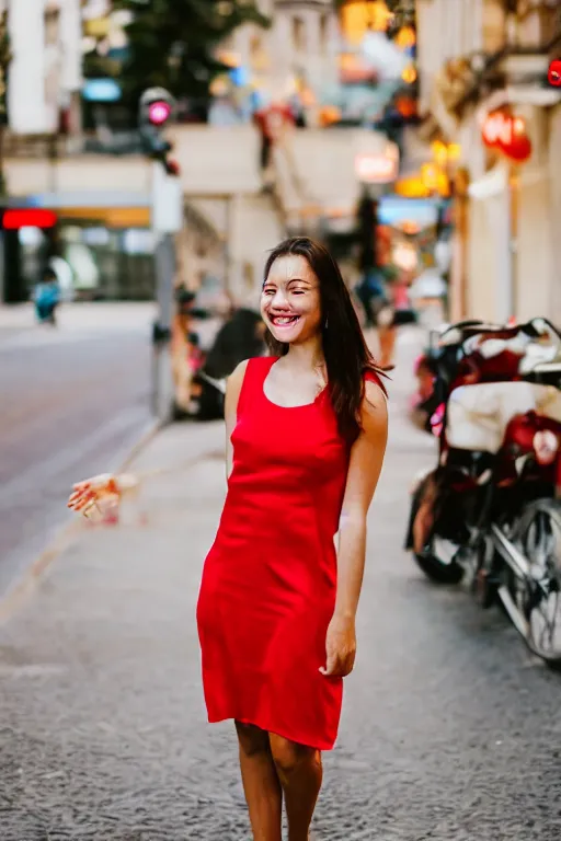 Image similar to blurry photo portrait of a smiling pretty woman in a red sleeveless dress, out of focus, city street scene