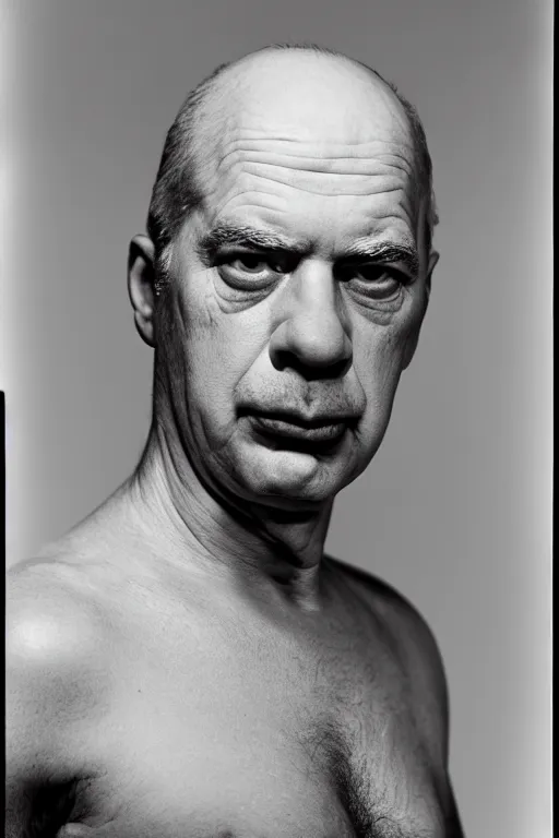 Image similar to studio portrait of man that looks excactly like homer simpson, lookalike, as if homer simpson came to life, soft light, black background, fine details, close - up, award winning photo by herb ritts