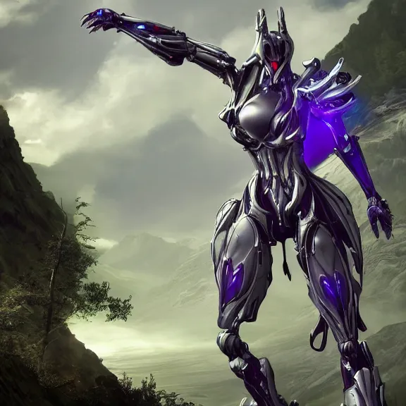 Image similar to extremely detailed cinematic low ground shot of a giant 1000 meter tall beautiful stunning female warframe goddess, that's an anthropomorphic hot robot mecha female dragon, silver sharp streamlined armor, detailed head, sharp claws, glowing Purple LED eyes, sitting cutely on a mountain in the background, a tiny forest with a village in the foreground, fog rolling in, dragon art, warframe fanart, Destiny fanart, micro art, macro art, giantess art, fantasy, goddess art, furry art, furaffinity, high quality 3D realism, DeviantArt, Eka's Portal, HD, depth of field