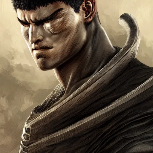 Prompt: digital painting portrait of guts from berserk extremely detailed, made by wlop and maxwell boas