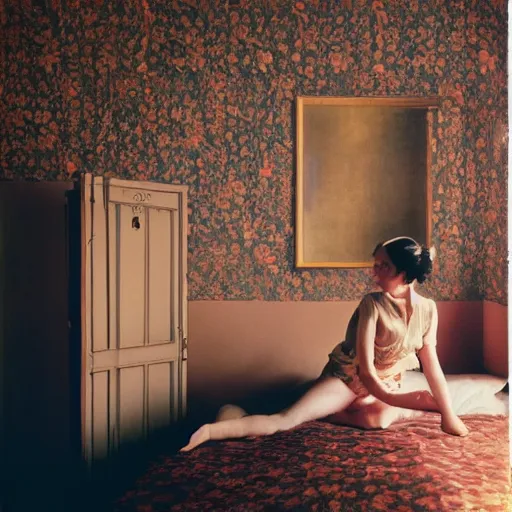 Prompt: a lonely girl in a liminal hotel room, baroque wallpaper, film still by wes anderson, depicted by balthus, limited color palette, very intricate, art nouveau, highly detailed, lights by hopper, soft pastel colors, minimalist