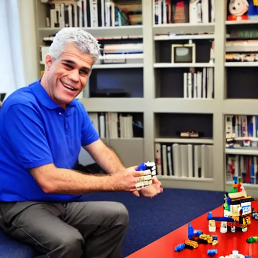 Prompt: Yair Lapid playing with legos in his office, detailed