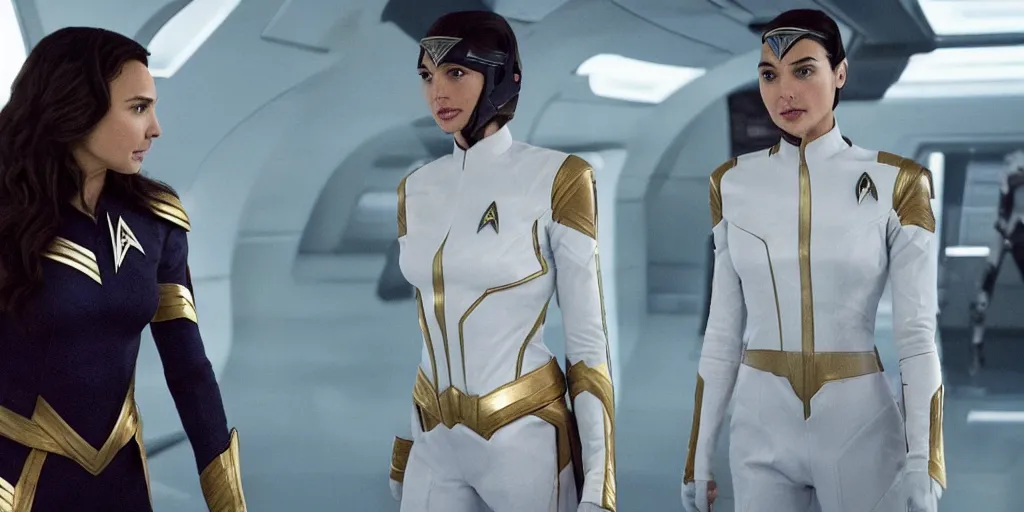 Image similar to gal gadot, in full starfleet uniform, is the captain of the starship enterprise in the new star trek movie