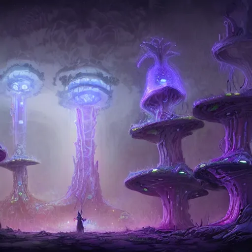 Image similar to concept art detailed painting of a dark purple fantasy fairytale fungal town made of mushrooms, with glowing blue lights, in the style of jordan grimmer and neil blevins and wayne barlowe