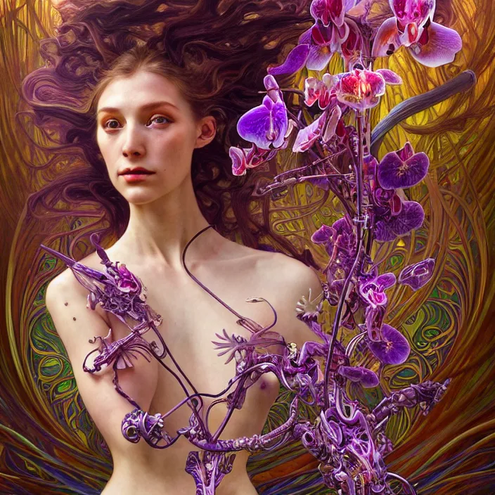 Prompt: partially deconstructed psychedelic organic cyborg orchid, diffuse lighting, fantasy, intricate, elegant, highly detailed, lifelike, photorealistic, digital painting, artstation, illustration, concept art, smooth, sharp focus, art by John Collier and Albert Aublet and Krenz Cushart and Artem Demura and Alphonse Mucha