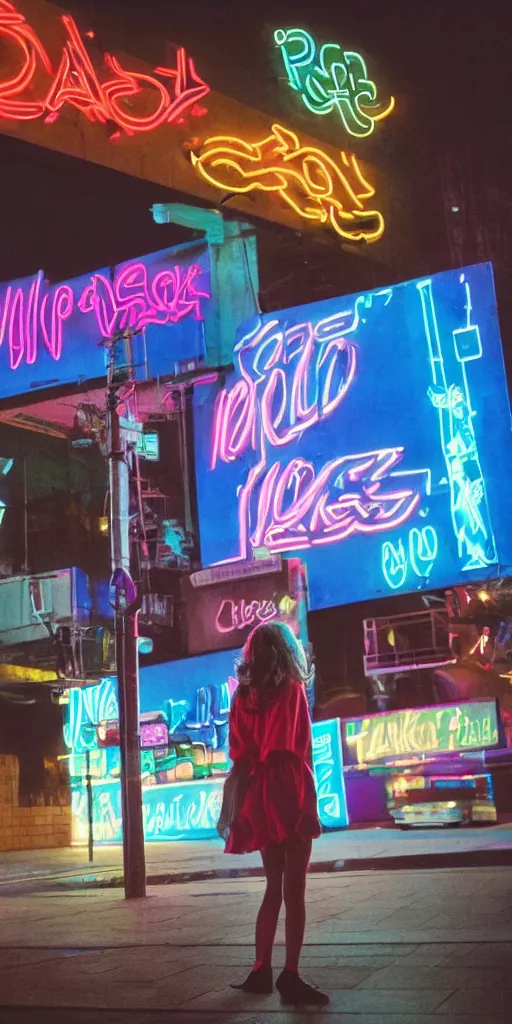 Image similar to 8 0 s neon movie scene. a girl stands alone on a sidewalk. the girl is looking up at a large billboard, hyper realism, rack focus, close establishing shot, neon lights illuminate her face, soft dramatic lighting, 4 k digital camera