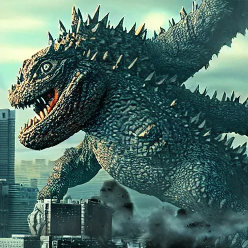 Image similar to Dwarf Godzilla destroys Tokyo, a super detailed high resolution cinematic scene