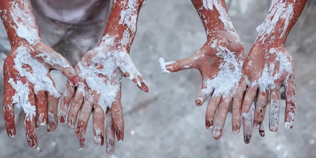 Image similar to beautiful hands, fingers intertwined, covered in white paint, dripping paint, shoulders, skin