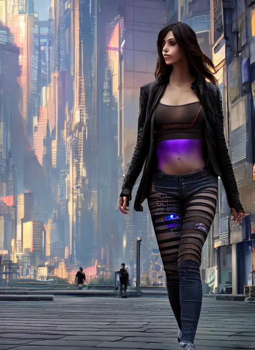 Image similar to photo of a beautiful woman walking through a cyberpunk city, full body, hyper realistic, 8 k, dslr, unreal engine, highly detailed portrait by laura sava