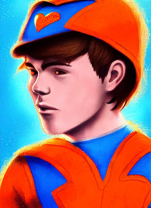 Image similar to friendly teenage archie andrews wearing an orange superhero costume with heart logo, heart, freckles, blue cape, heart emblem on chest, blue cape, intricate, elegant, glowing lights, highly detailed, digital painting, artstation, sharp focus, illustration, art by wlop, mars ravelo and greg rutkowski