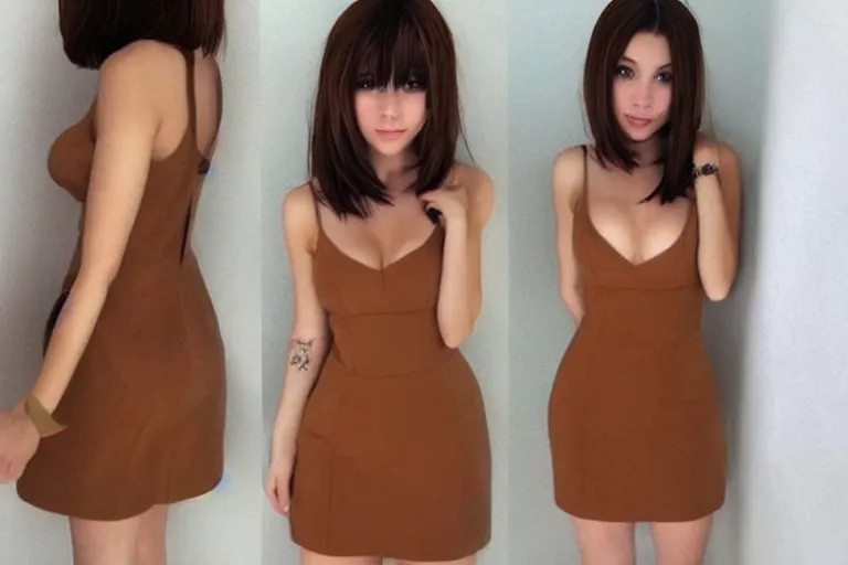 Image similar to beautiful woman with short brown hair, brown eyes, v-cut dress, anime