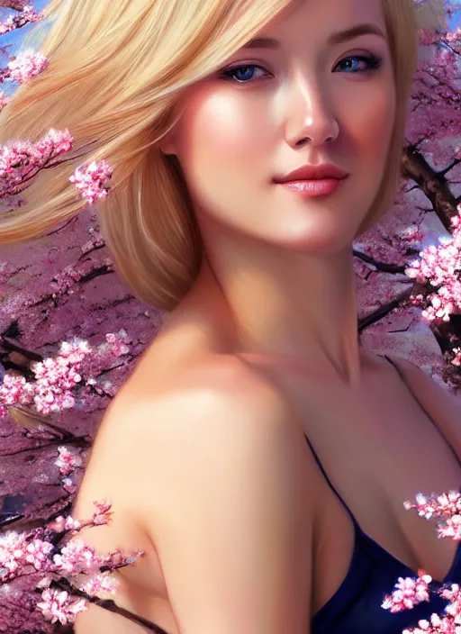 Image similar to photo of a gorgeous blonde female in the style of stefan kostic, realistic, half body shot, sharp focus, 8 k high definition, insanely detailed, intricate, elegant, art by stanley lau and artgerm, extreme blur cherry blossoms background