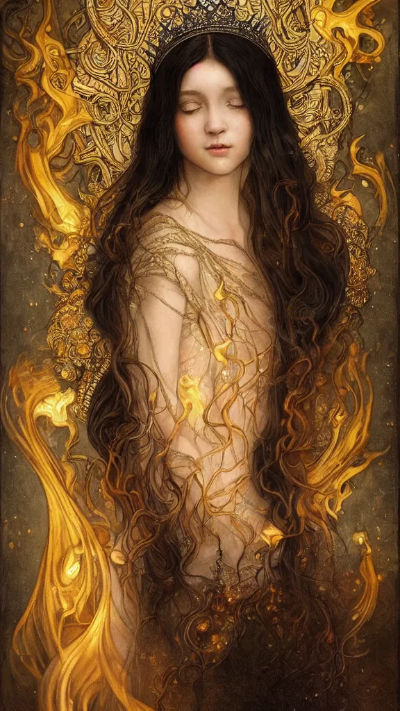 Prompt: breathtaking detailed soft close up painting of one girl with black hair looking at the viewer, gauze dress of fireflies and art nouveau crown of embers, viking culture, rembrandt style, detailed art nouveau stained glass of flames, christian saint rosace, elegant, highly detailed, artstation, concept art, matte, sharp focus, art by Tom Bagshaw, Artgerm and Greg Rutkowski