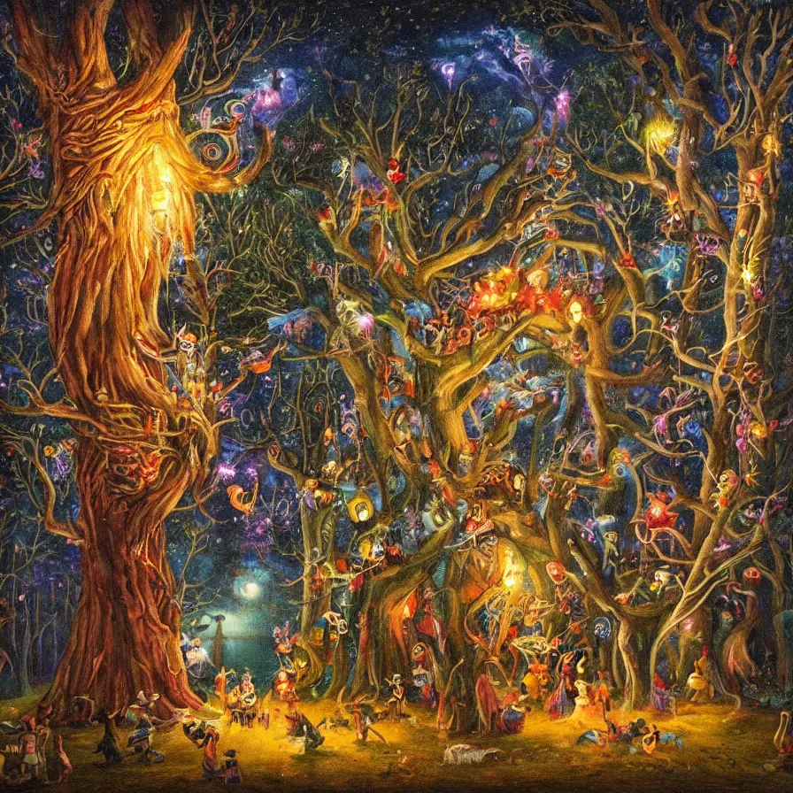 Image similar to a night carnival around a magical tree cavity, with a surreal orange moonlight and fireworks in the background, next to a lake with iridiscent water, christmas lights, folklore animals and people disguised as fantastic creatures in a magical forest by summer night, masterpiece painted by karl briulov, dark night environment