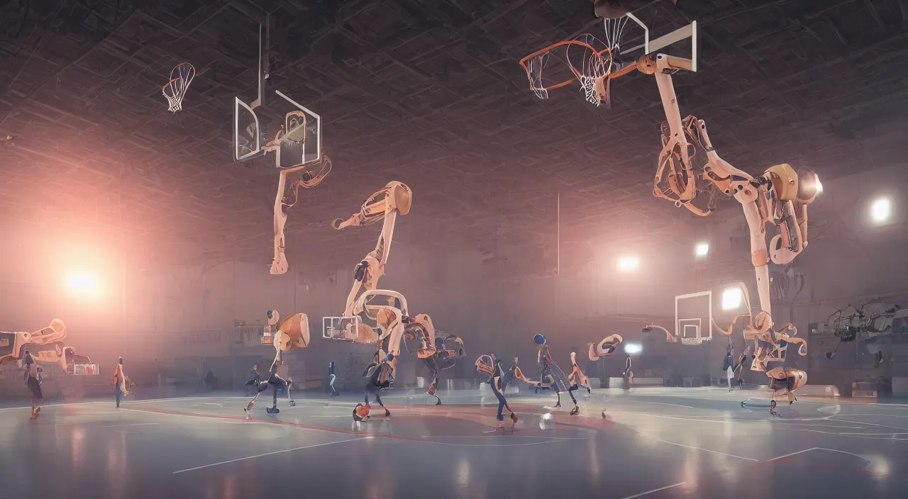 Image similar to three large white glossy kuka industrial robot arms playing basketball in a gym, global illumination, artstation, fantasy