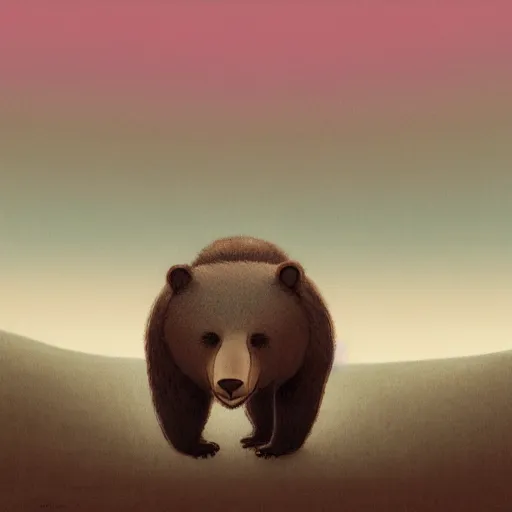 Prompt: the dropout bear walking towards the horizon, by john kenn mortensen, by takashi murakami, illustration, colored pencil, fountain pen, digital art, comic book, color grading, vintage, field of view, warm color palette, rainbow, spectral color, rays of shimmering light, volumetric light, cotton, clouds, mist