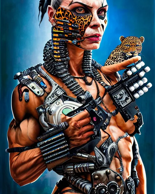 Image similar to a portrait of a muscular anthropomorphic cyberpunk leopard by sandra chevrier, by jon foster, detailed render, pistol in holster, tape deck, epic composition, cybernetics, 4 k realistic, cryengine, realistic shaded lighting, sharp focus, masterpiece, by enki bilal