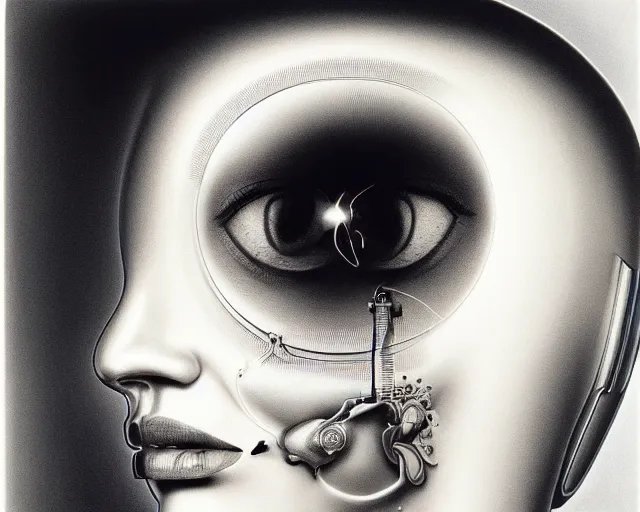 Image similar to a beautiful young female futuristic robot profile face, by laurie lipton, by ralph steadman, daguerrotype, closeup - view, f / 2. 8, low contrast, 1 6 k, x - ray, beautiful lighting, reflective, in a symbolic and meaningful style, surreal dreamy poetic