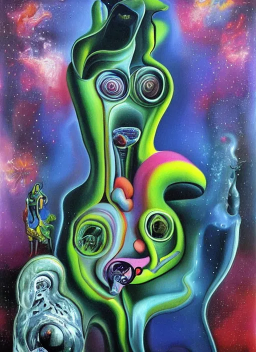 Prompt: an extremely high quality hd surrealism painting of a 3d cast glass galactic neon complimentary colored cartoon surrealism melting creature by kandsky and salvia dali the fourth, salvador dali\'s much much much much more talented painter cousin, 4k, ultra realistic, super realistic, so realistic that it changes your life