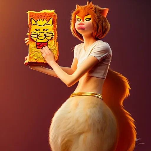 Image similar to fullbody!! personification of garfield the cat as a goddess holding lasagna, stunning, hyperrealistic, trending on artstation, smooth and sharp, intricate, fine details, elegant, religious, dynamic pose, radiant light, detailed and intricate environment, professional character concept art by tatyana kupriyanova and greg rutkowski and raymond swanland