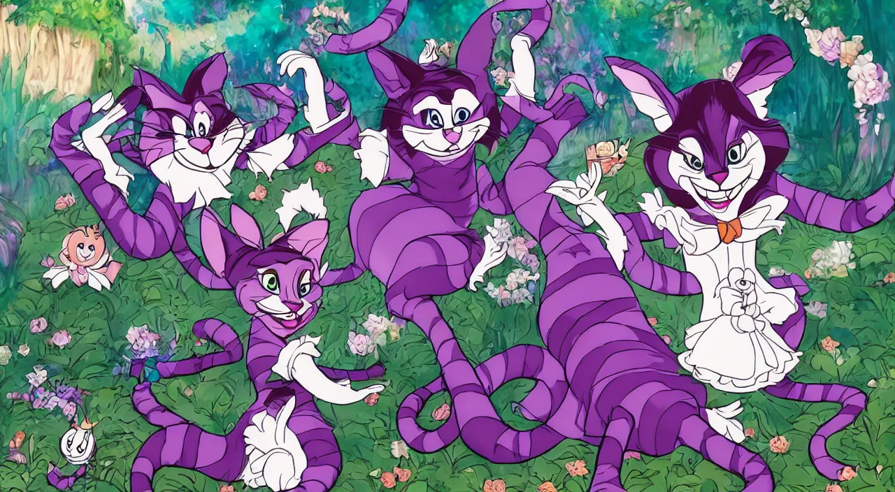 Prompt: [ disney's alice in wonderland ] and [ cheshire cat ] in isekai style