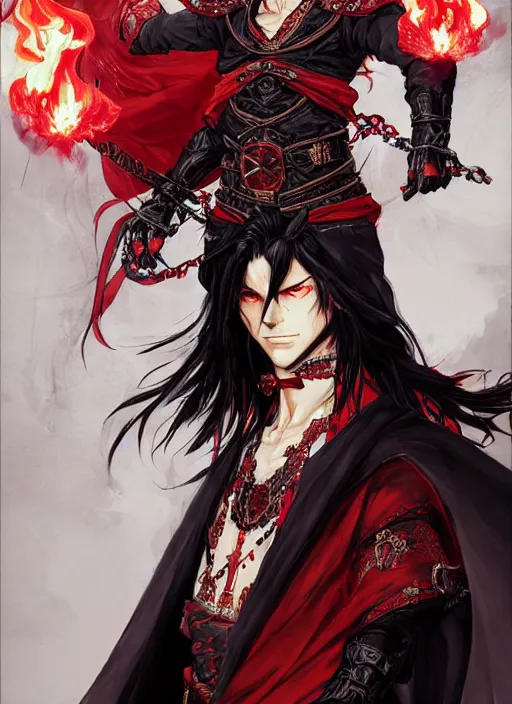 Image similar to Half body portrait of a handsome elf fire mage with long black hair wearing ornate scarlet robe, crazy grin, flame, anarchy. In style of Yoji Shinkawa and Hyung-tae Kim, trending on ArtStation, dark fantasy, great composition, concept art, highly detailed, dynamic pose.