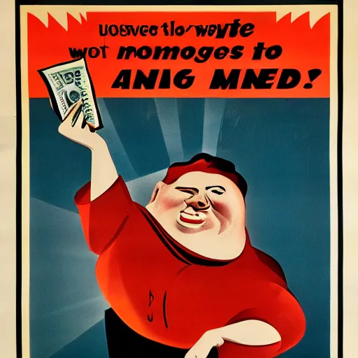 Image similar to 1 9 5 0 american propaganda poster warning the danger of money, featuring a grinning chubby dude in suit