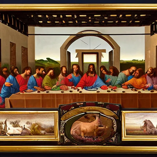 Prompt: A beautiful assemblage of the Last Supper, with Jesus and his disciples replaced by various animals. The assemblage is set in a forest, with a deer at the head of the table and a squirrel and rabbit to either side. Sumerian, hollywood cerise by Jakub Różalski, by Igor Zenin bleak, stormy