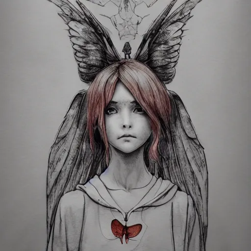 Image similar to portrait of a grungy fairy girl, wearing a hoodie and sweatpants, symmetrical wings, wings made of pizza, basic white background, symmetrical, watercolor, pen and ink, intricate line drawings, by Yoshitaka Amano, Ruan Jia, Kentaro Miura, Artgerm, detailed, trending on artstation, hd, masterpiece,