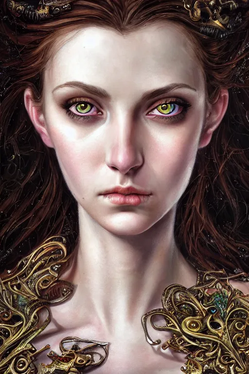 Image similar to high quality extremely detailed closeup portrait of a young attractive female necromancer looking away from the camera, realistic eyes, sparkle in eyes, no hands visible, fantasy, d & d, intricate, painting by lucian freud and mark brooks, hd