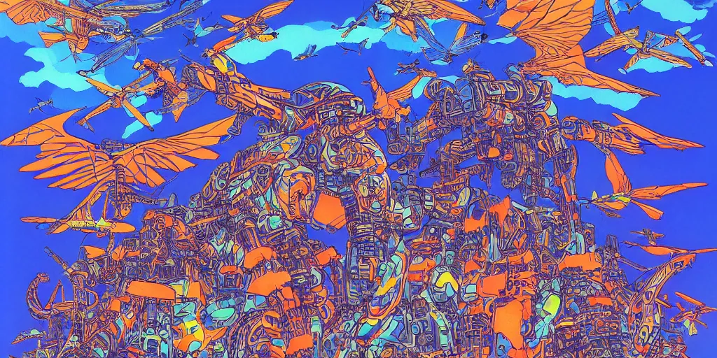 Image similar to gigantic mecha arzach birds with dragonflies, tiny rats, a lot of exotic animals around, big human faces everywhere, helicopters and tremendous birds, risograph drawing by satoshi kon and moebius, matte summer blue colors, surreal psychedelic design, 4 k