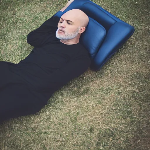 Prompt: photography of bald tall man, wearing black, asleep in a blue reclining chair, full length