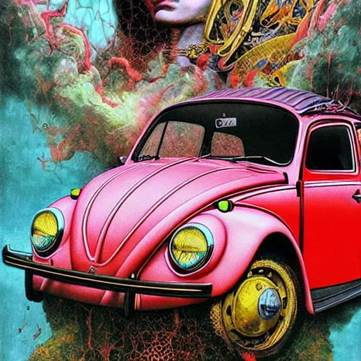 Prompt: realistic detailed image of Herbie the VW Beetle by Ayami Kojima, Amano, Karol Bak, Greg Hildebrandt, and Mark Brooks, Neo-Gothic, gothic, rich deep colors. Beksinski painting, part by Adrian Ghenie and Gerhard Richter. art by Takato Yamamoto. masterpiece