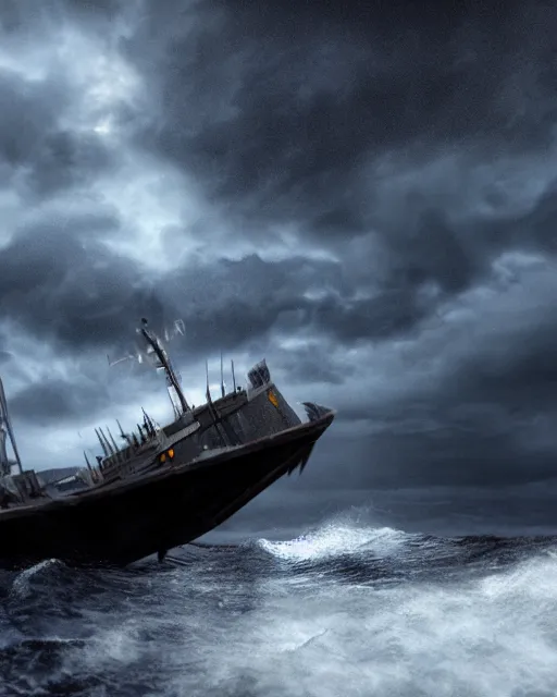 Prompt: establishing shot of a fishing boat on stormy seas, a gigantic star destroyer spaceship emerging from the clouds flying overhead, stormy weather, dramatic lighting, unreal engine, hyper realism, realistic shading, cinematic composition, realistic render, octane render, detailed textures, photorealistic, ultrawide shot, 16mm lens