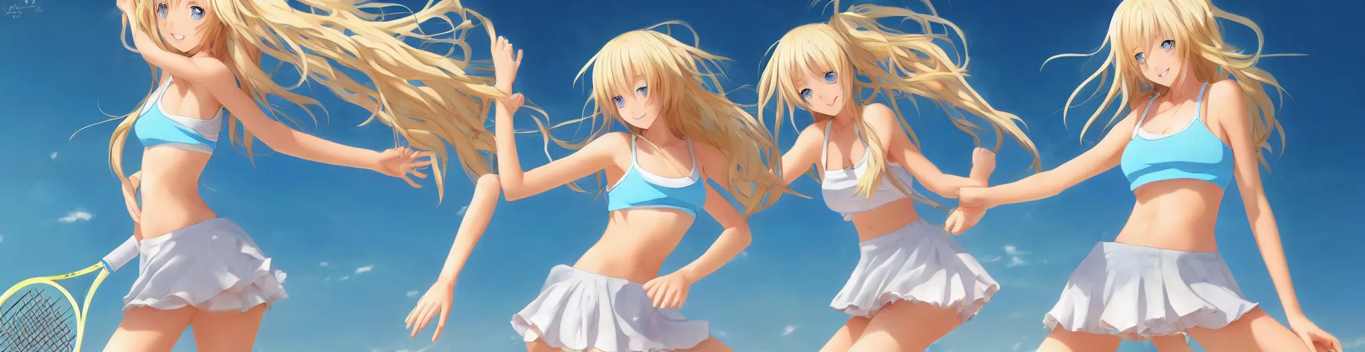 Image similar to a very beautiful young anime tennis girl, full body, long wavy blond hair, sky blue eyes, ( ( ( full round face ) ) ), short smile, bikini, miniskirt, front view, mid - shot, highly detailed, cinematic wallpaper by stanley artgerm lau