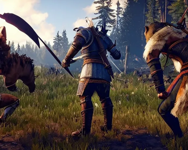 Image similar to gerald of rivia fighting furries from witcher 3 ( 2 0 1 5 videogame )