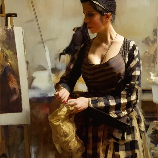 Image similar to extraordinary portrait : mata hari in checked shirt, modern hairstyle, blonde, in her art studio. precise detail. art by anders zorn, wonderful masterpiece by greg rutkowski, beautiful cinematic light, american romanticism by greg manchess, jessica rossier