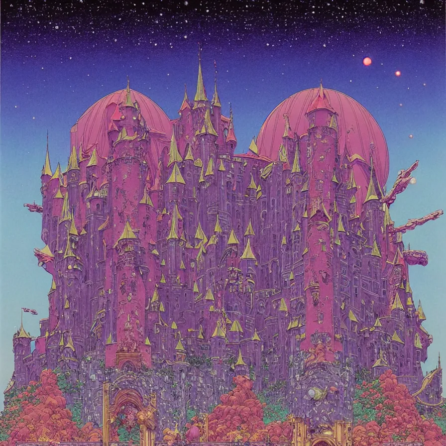 Image similar to ( ( ( ( shinning starry sky and a huge castle, with decorative frame design ) ) ) ) by mœbius!!!!!!!!!!!!!!!!!!!!!!!!!!!, overdetailed art, colorful, artistic record jacket design