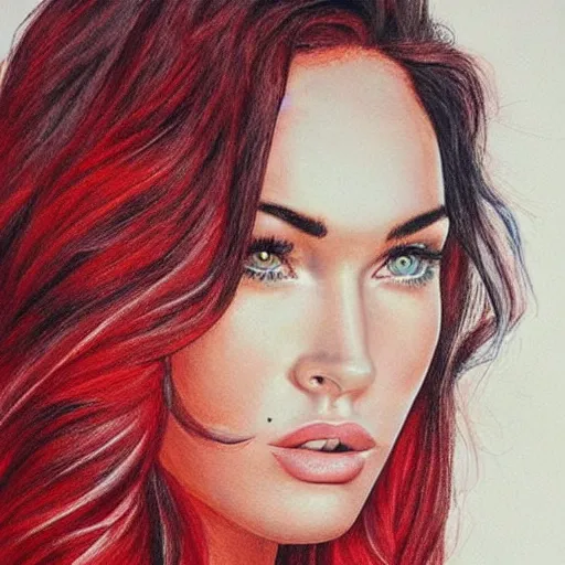 Prompt: “Beautiful Megan Fox Red pencil paintings, red white colors, ultra detailed portrait, 4k resolution”