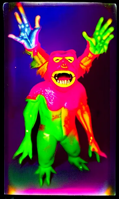 Image similar to colorful crystal gary busey creature, 9 0 s toy commercial, photo from the 7 0 s, horror lighting, neon lighting, polaroid photo,