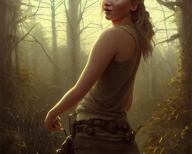 Prompt: highly detailed portrait of jennifer lawrence, in the walking dead, stephen bliss, unreal engine, fantasy art by greg rutkowski, loish, rhads, ferdinand knab, makoto shinkai and lois van baarle, ilya kuvshinov, rossdraws, tom bagshaw, global illumination, radiant light, detailed and intricate environment