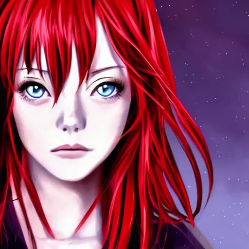 Prompt: Anime portrait of Emma Stone, red hair, trending on pixiv