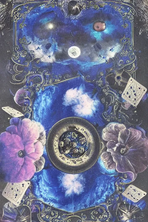 Image similar to intricate beautiful blue, black and purple papaver, nebula in the sky, 1 7 th century, holds playing cards, in card's player by sezanne, matte painting, renaissance painting