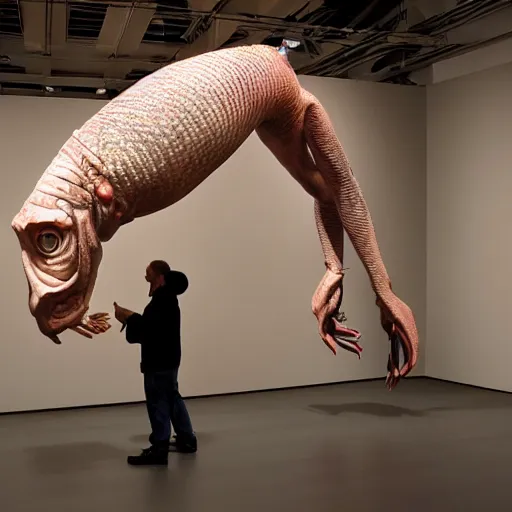 Prompt: praying man fish chimera, ron mueck masterpiece in exhibition