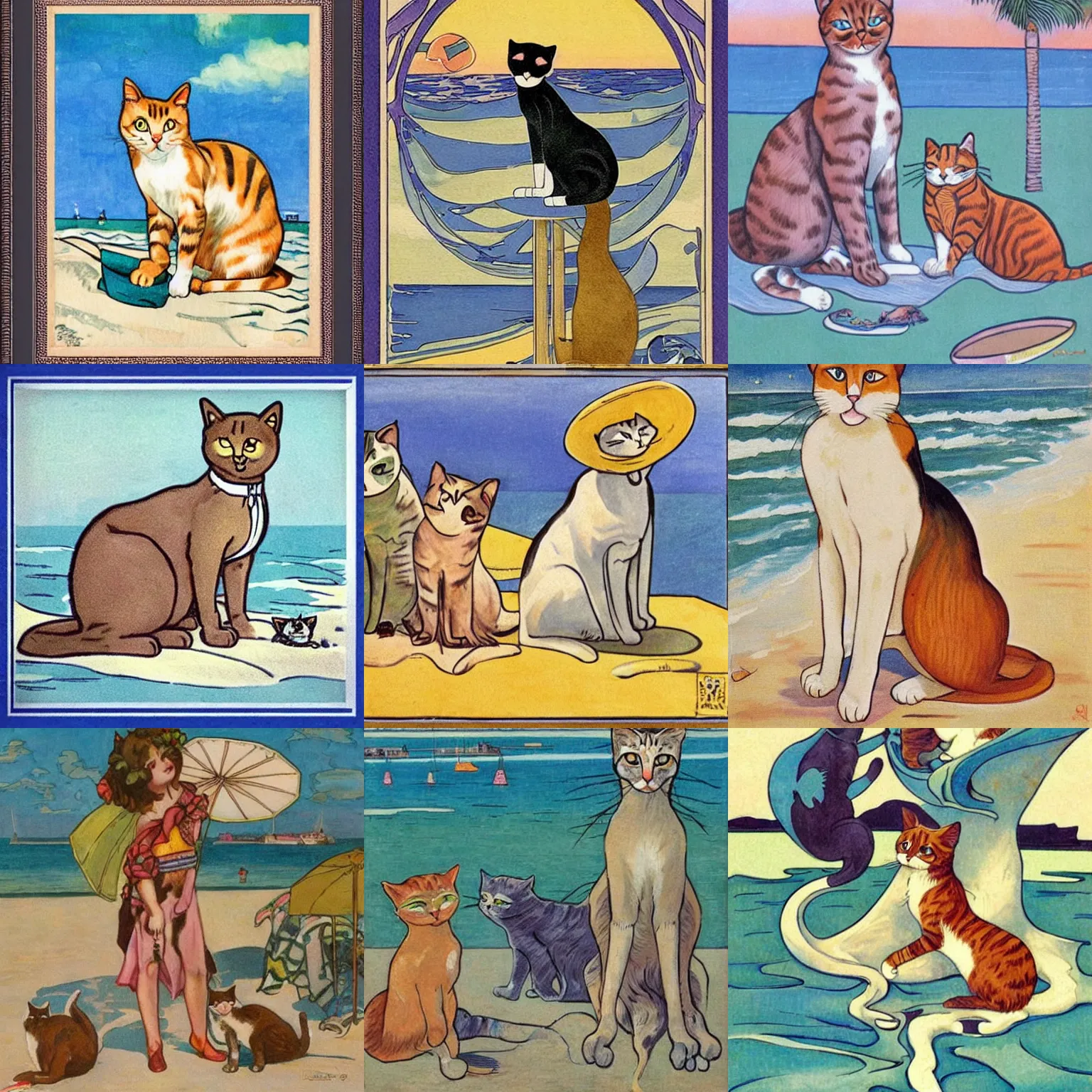 Prompt: cats wearing summer clothes having fun at the beach, art nouveau