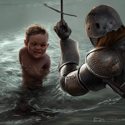 Image similar to a mighty knight saving child from drowning in the river, ultra realistic details, trending on artstation, 8 k