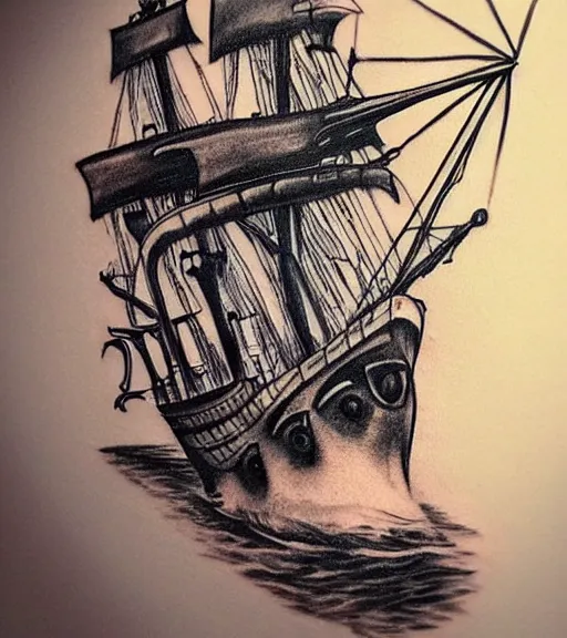 Image similar to A realism black and white tattoo design sketch of a pirate ship, highly detailed tattoo, shaded tattoo, hyper realistic tattoo