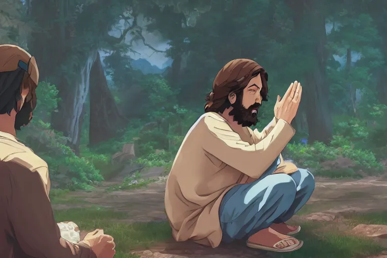 Prompt: a portrait of jesus praying, pokemon, fantasy by dan mumford, yusuke murata and makoto shinkai, 8 k, cel shaded, unreal engine, featured on artstation, pixiv