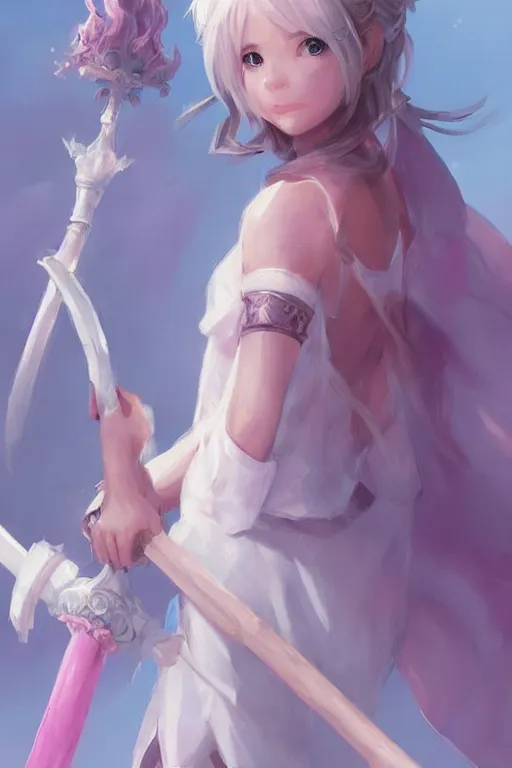 Image similar to 3 / 4 portrait of a cute white mage with a staff in mage armor, soft, pink and blue, artgerm and and greg rutkowski, trending on artstation