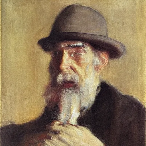 Prompt: detailing character concept portrait of old man by James McNeill Whistler, on simple background, oil painting, middle close up composition